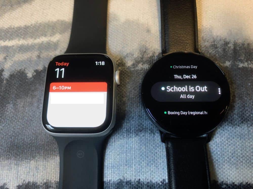 Apple Watch vs. Galaxy Active2 daily calendar events comparison