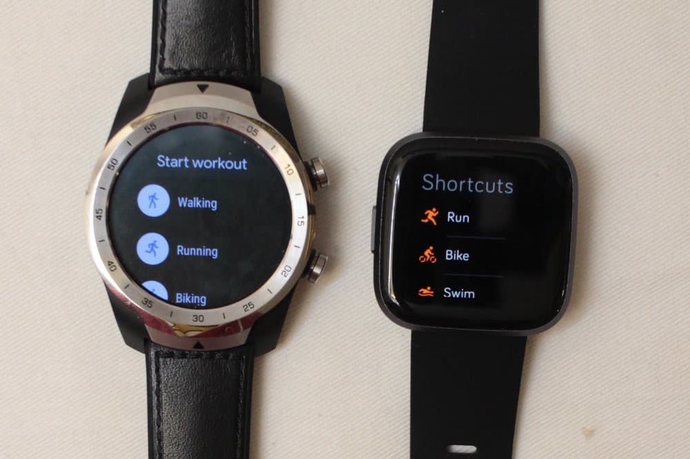 fitbit versa 2 vs ticwatch pro sports workout menu