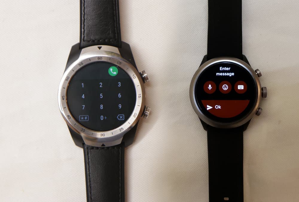 Ticwatch Pro phone call menu, Fossil Sport Smartwatch message input