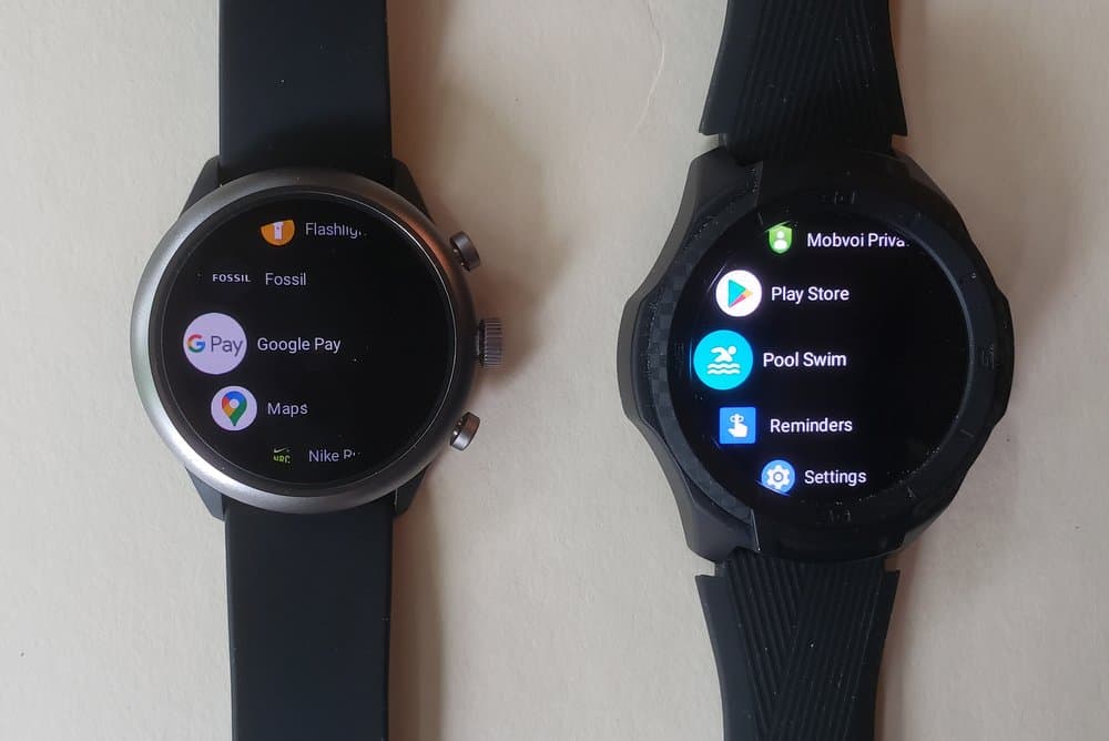 ticwatch s2 vs fossil sport smartwatch apps menu
