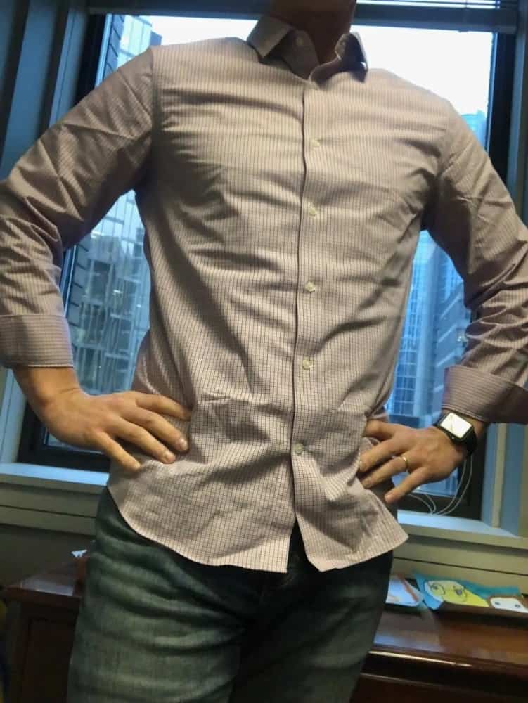 Banana Republic slim fit men’s dress shirt – untucked. It’s a good length for the untucked look. The jeans are BR slim fit jeans.