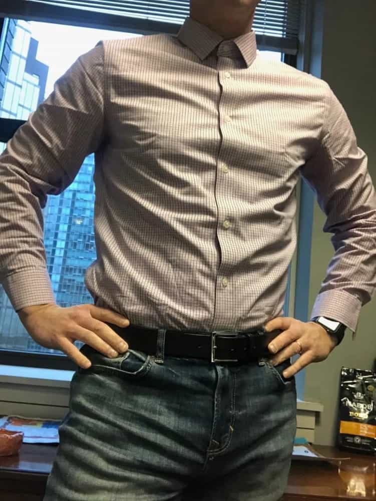 I don’t normally tuck this type of shirt these days, but did so to illustrate that it is long enough to tuck if wearing this with more formal trousers or a suit.