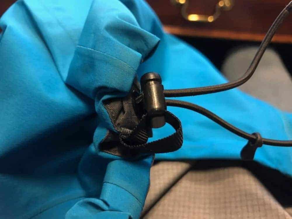Close up of the body adjustment mechanism for Arc’Teryx Beta LT jacket.