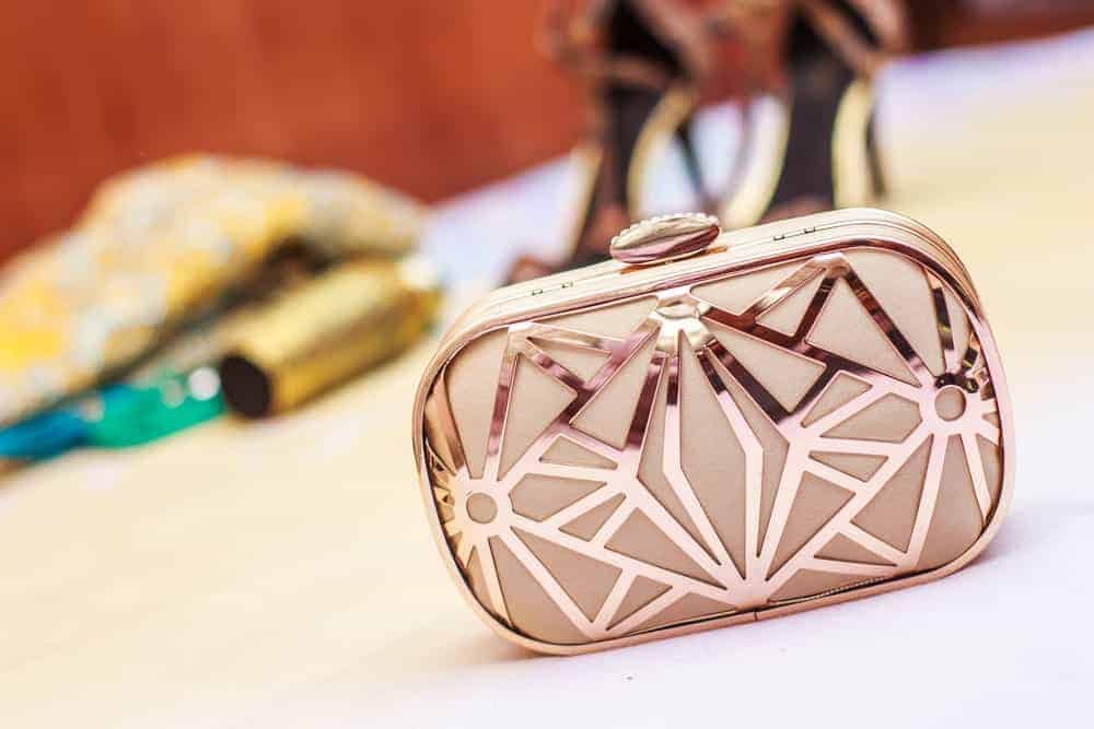 Minaudiere clutch with metallic details.