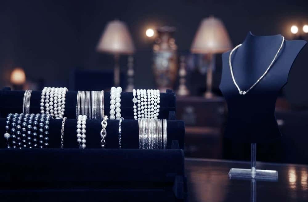 Various jewelry on display at a shop.