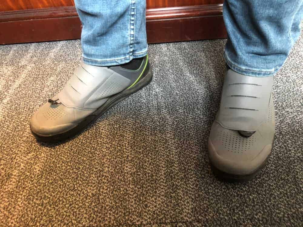 Wearing Shimano GR9 mountain biking shoes.