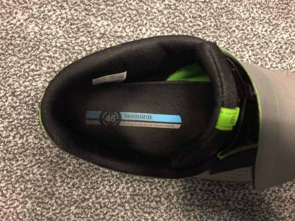 Top-down view of label and interior of the Shimano GR9 shoe.