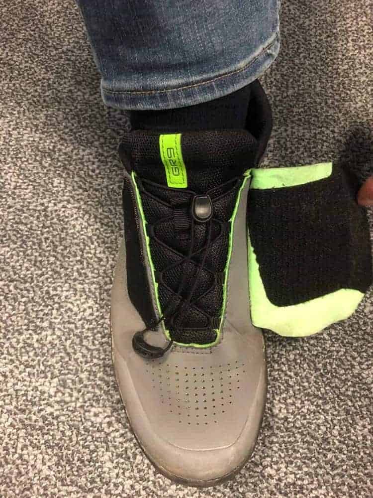 Full view of the velcro flap for the Shimano GR9 shoe.