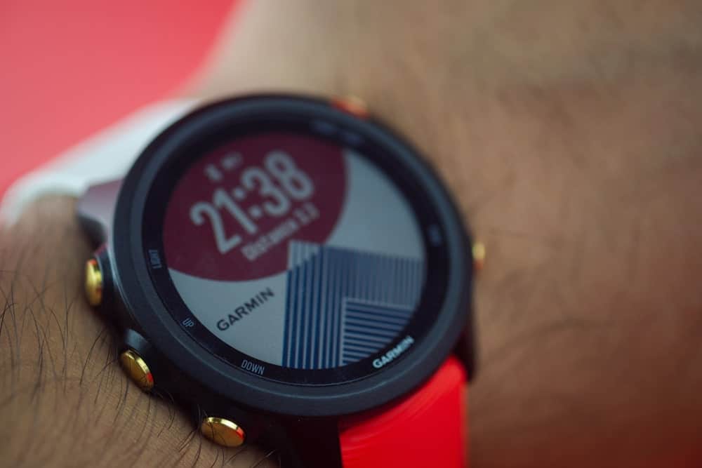 A close look at a Garmin watch.