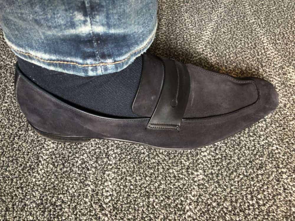 Outside view of the Zegna suede L'Asola loafer.