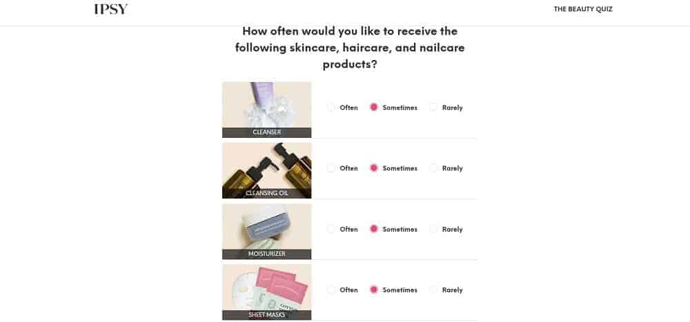A screenshot of the beauty quiz page of IPSY.