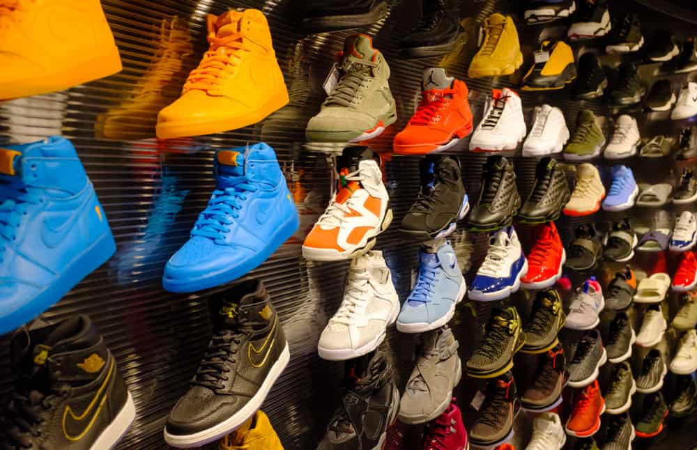Nike Jordan series basketball shoes display in a mall.