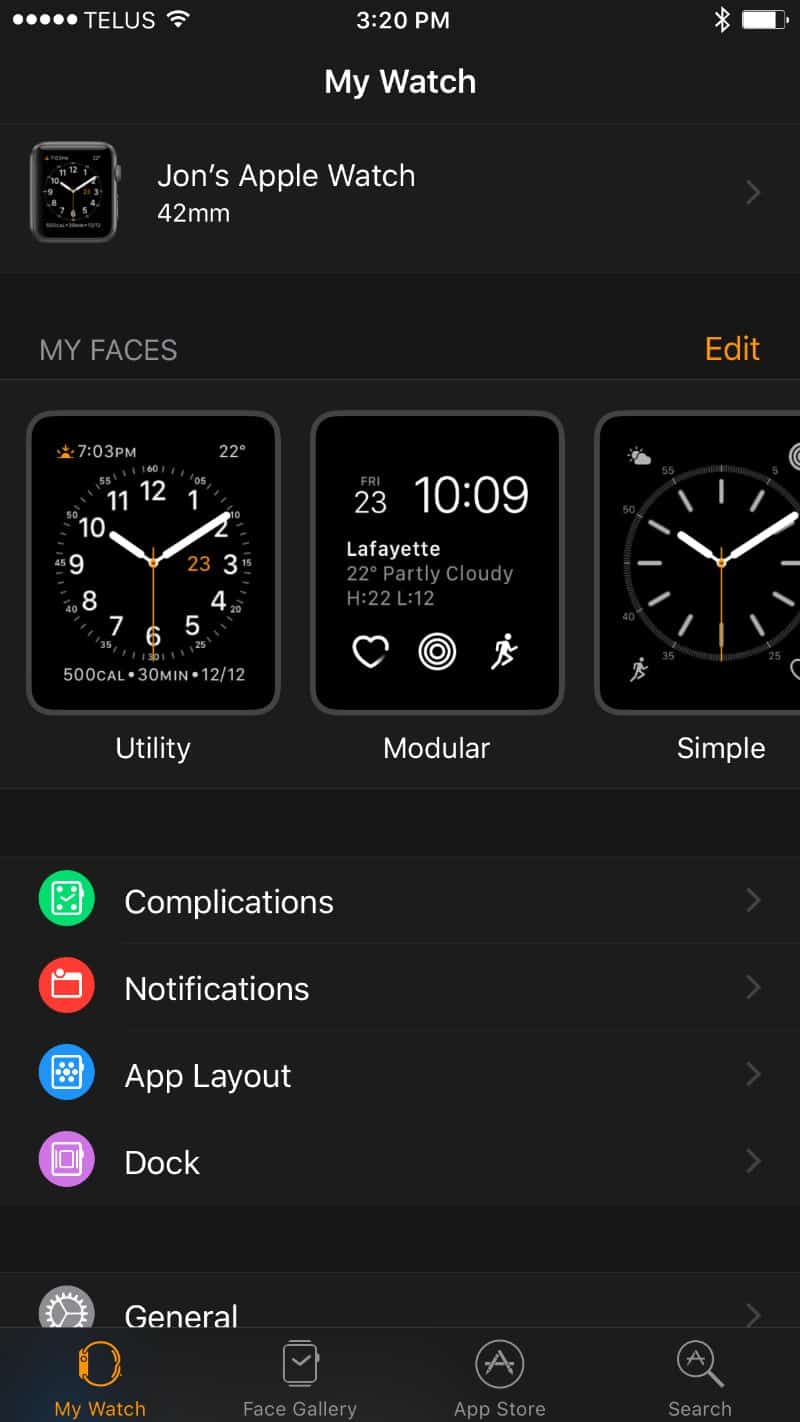 The main page of the Watch app.
