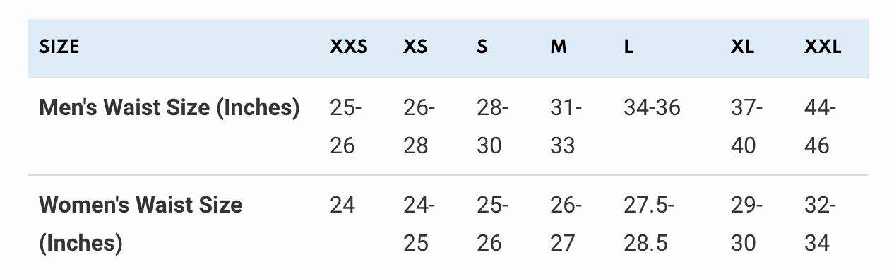 Belt sizes table