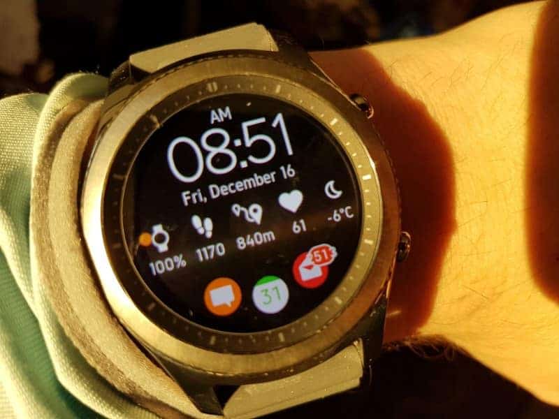 Samsung Gear S3 Smartwatch face with sunlight.