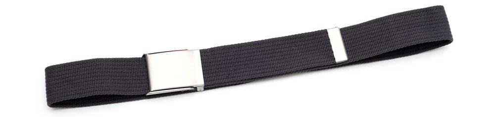 A close look at a dark gray military belt.