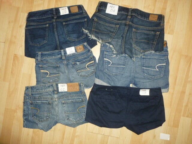 Pairs of denim booty shorts.