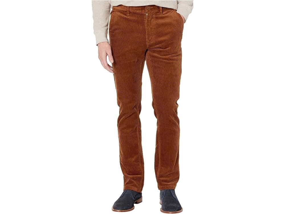 Close look at a man wearing a pair of brown cord chinos.