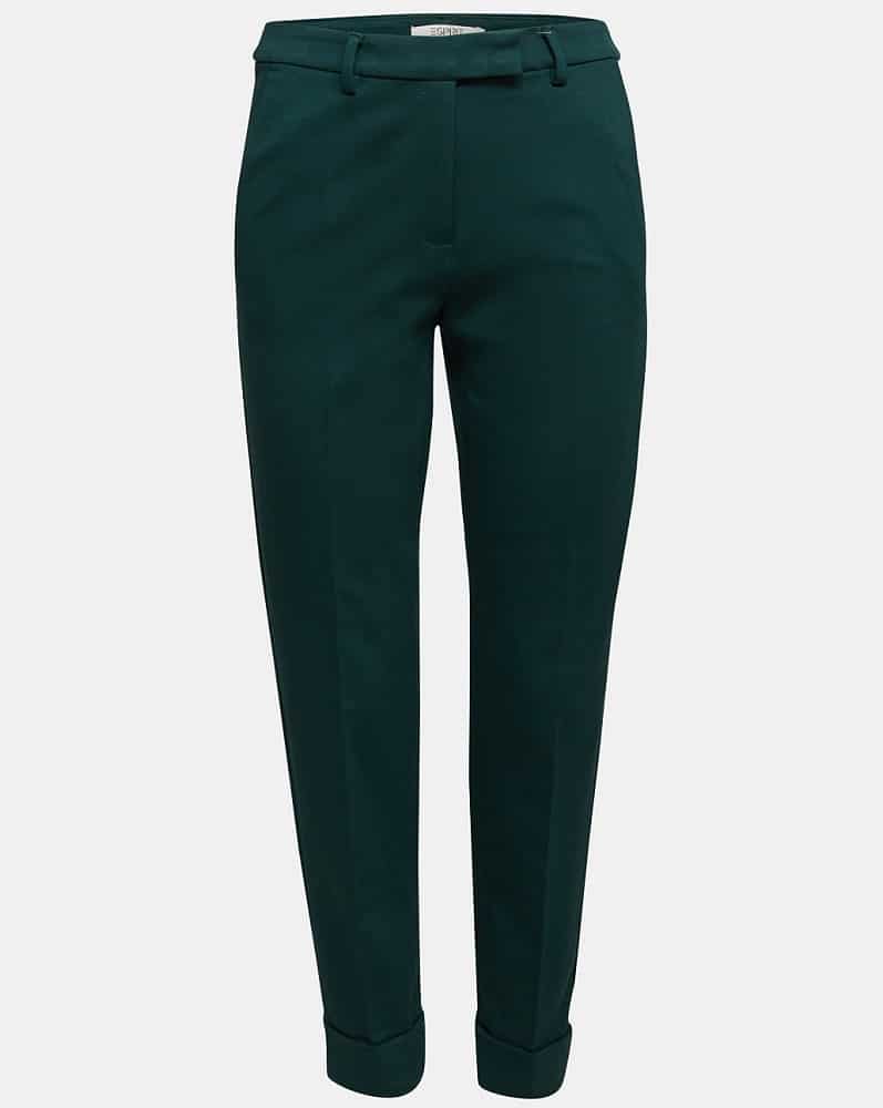 A close look at a pair of green punto chinos.