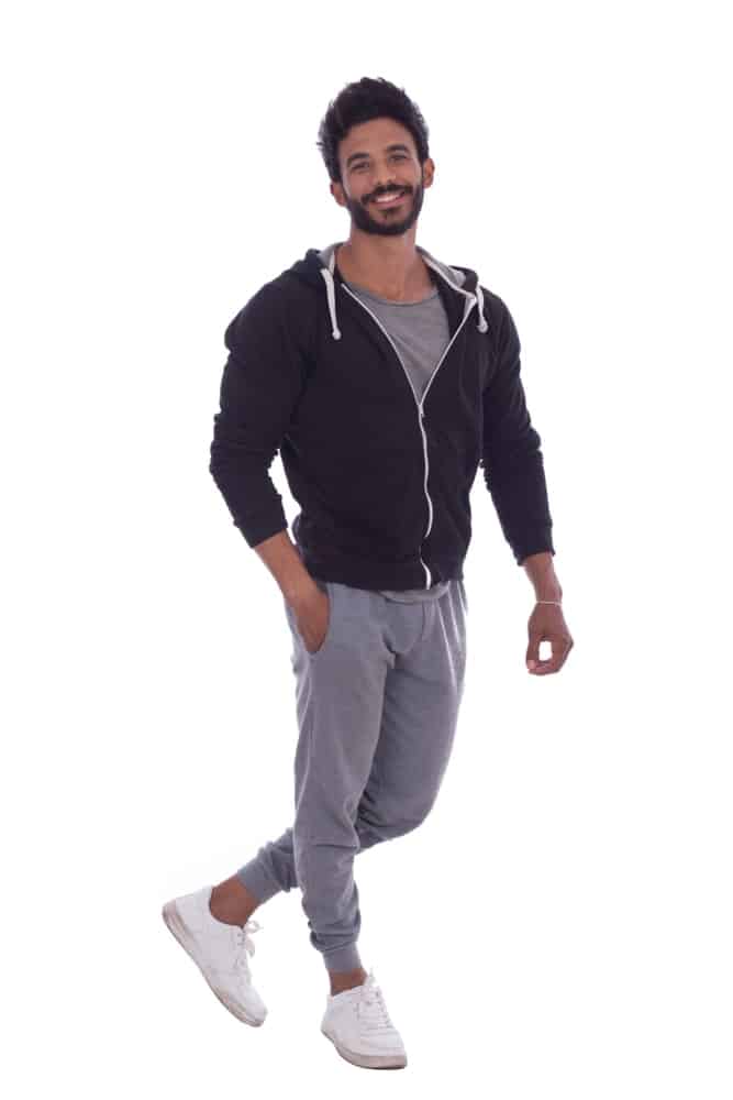 A close look at a man wearing sweatpants.