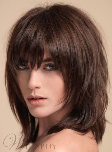 Layered Shag Hairstyle with Full Fringe Middle Length Synthetic Capless Women Wigs