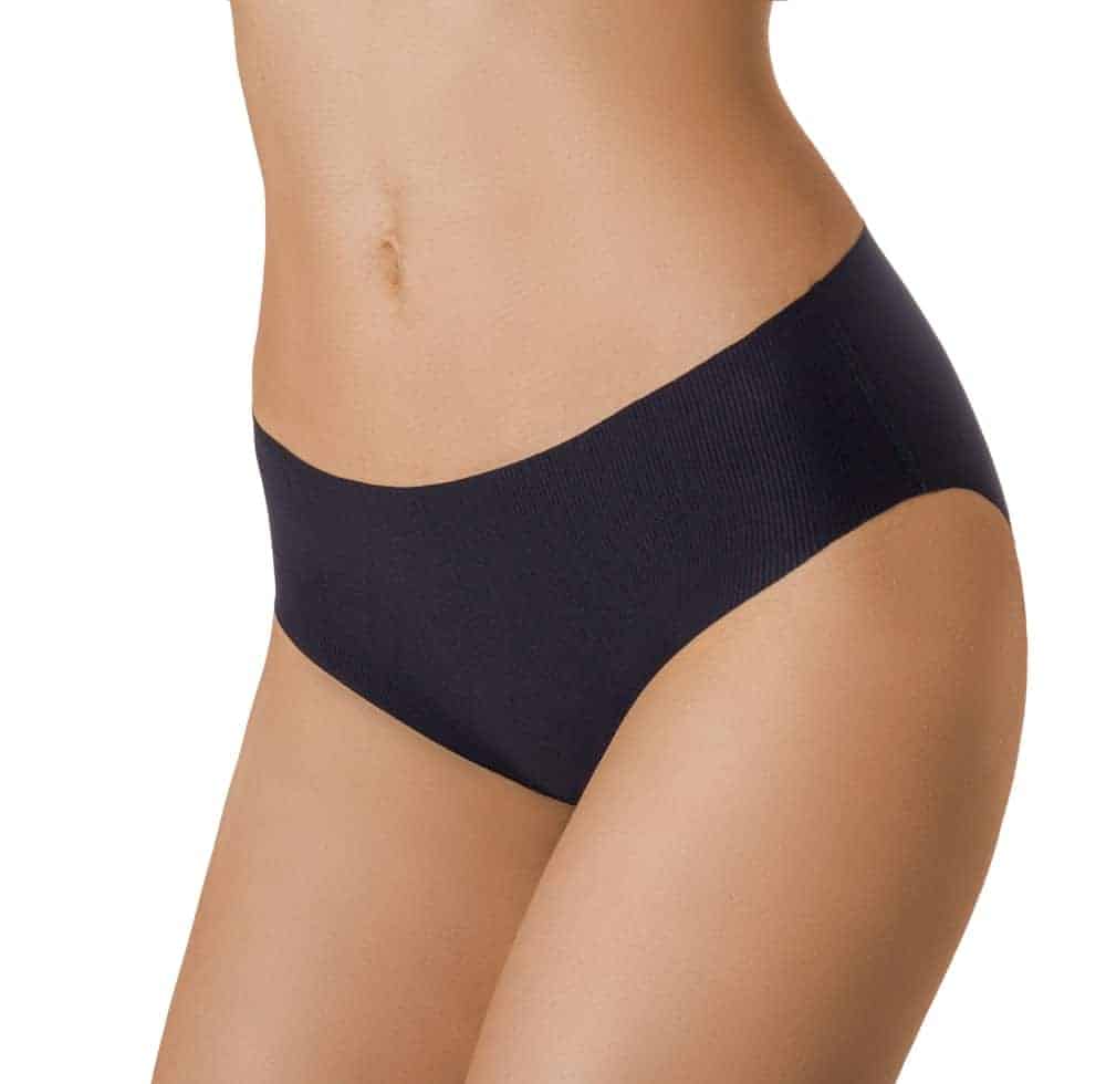 A close look at a woman wearing a pair of black seamless panties.