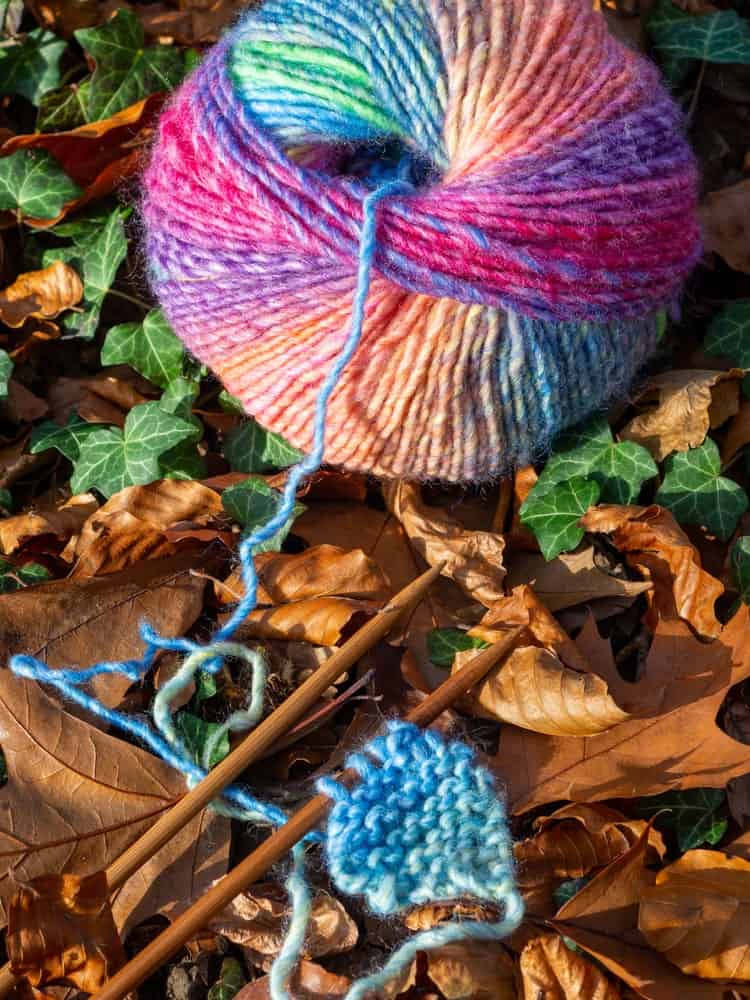 A ball of self-striping yarn.