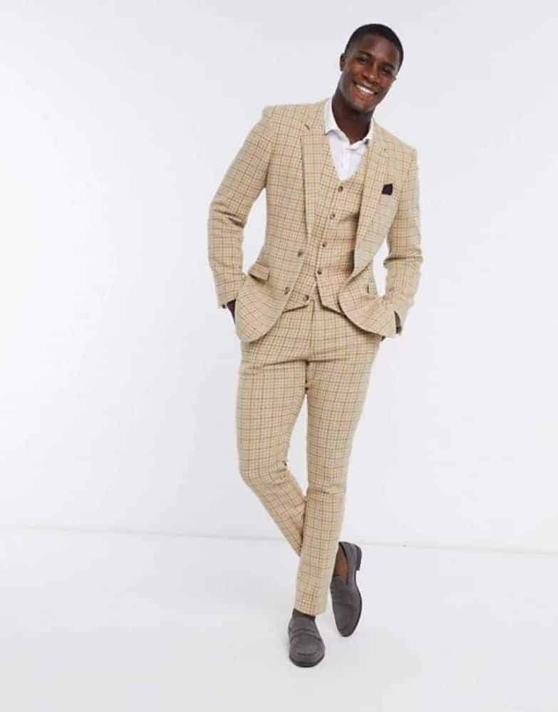 ASOS DESIGN wedding skinny wool blend suit in camel houndstooth plaid