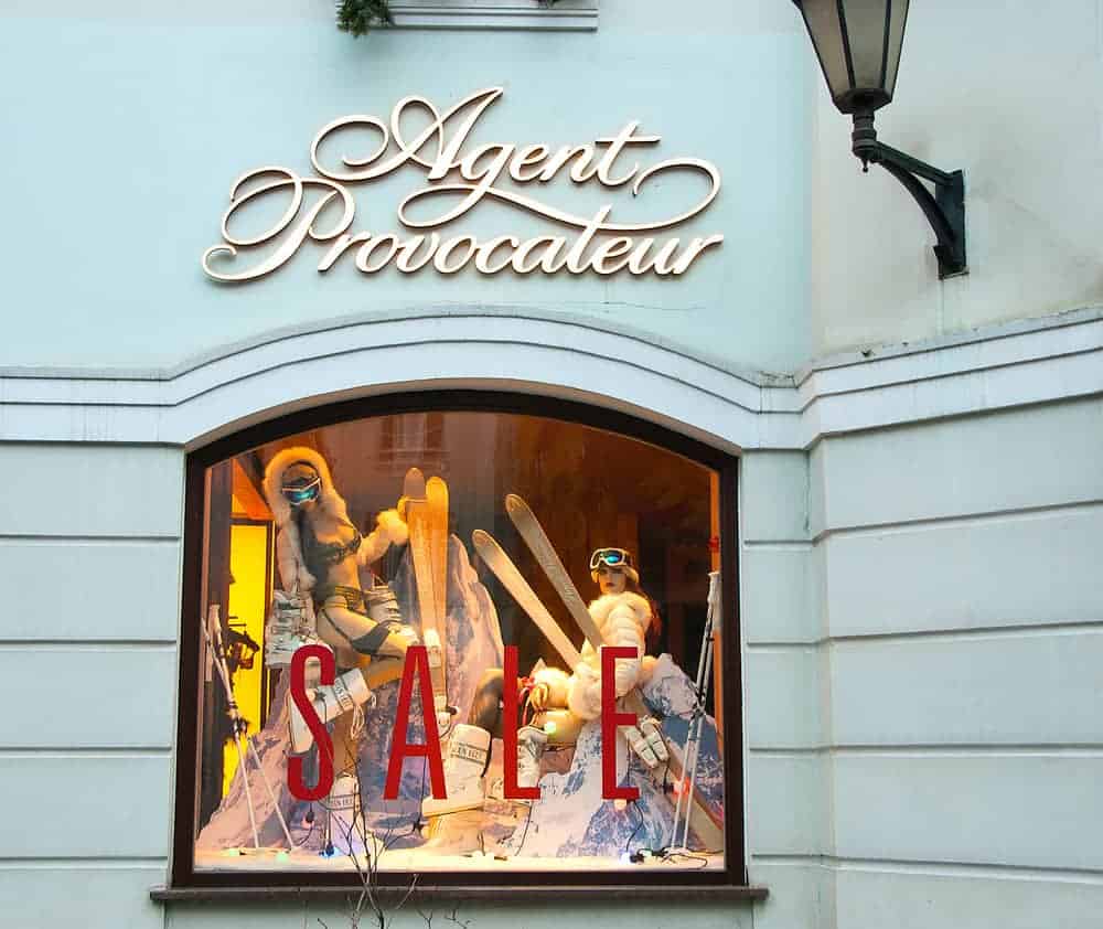 This is a close look at the Agent Provocateur storefront with various lingerie on display.