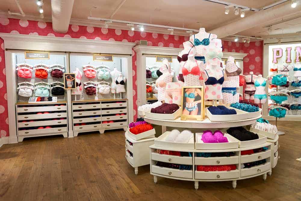 Victoria's Secret store displaying lingerie sets.