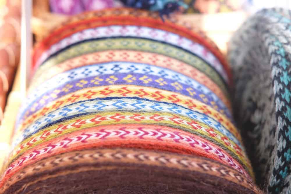 Multicolored ribbon fabric with patterns.