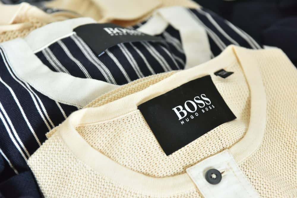 This is a close look at a pair of Hugo Boss shirts on display.