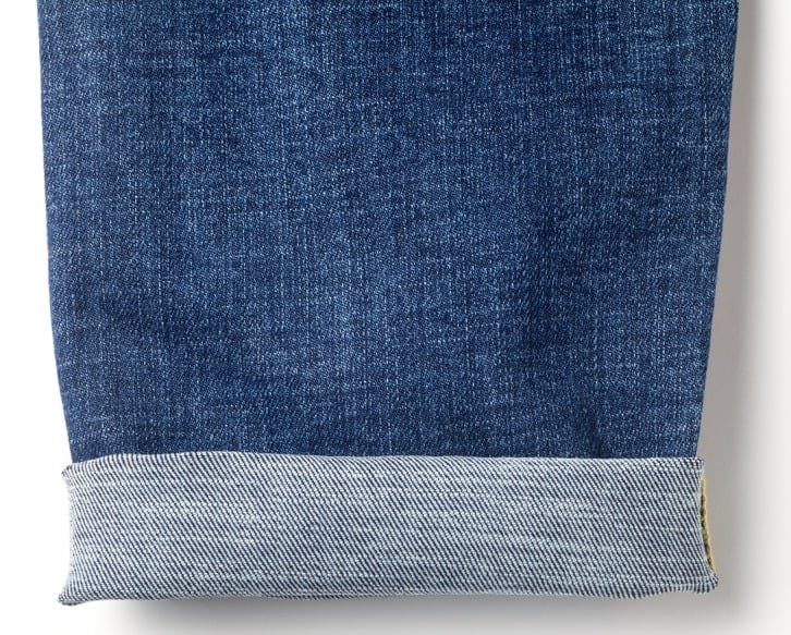 This is a close look at the cuffs of a pair of denim pants.