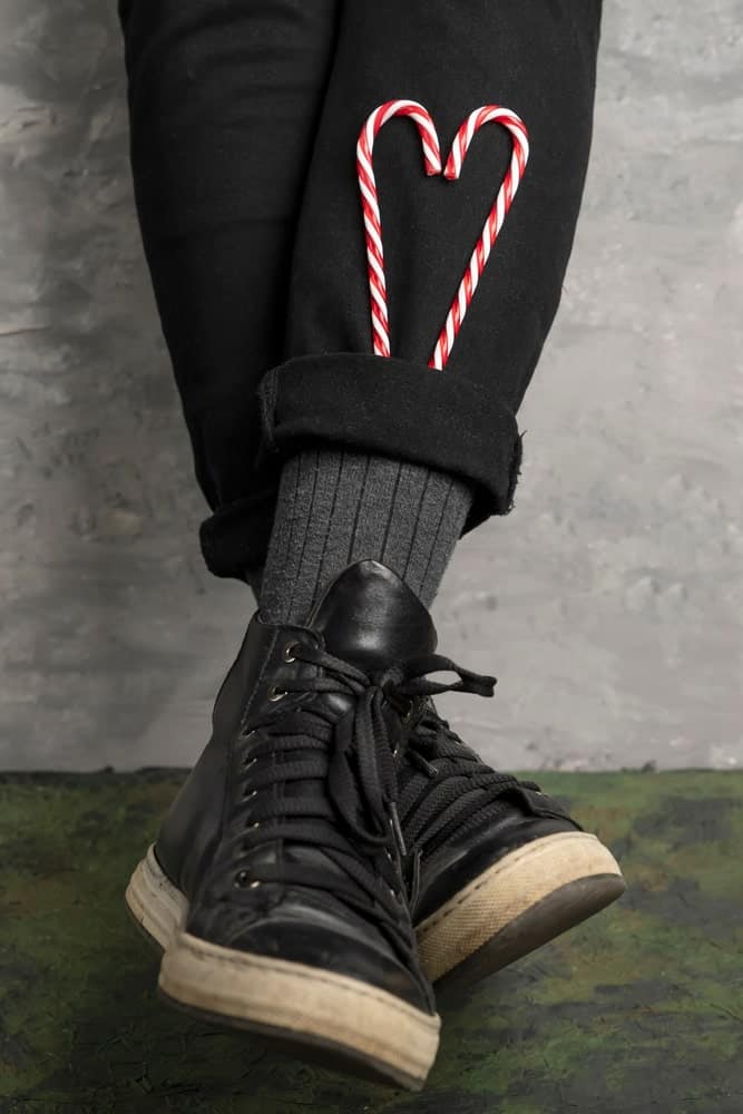 This is a close look at the denim pants with double cuffs.