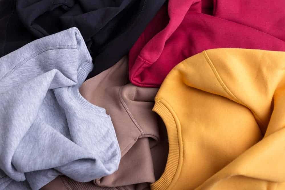 This is a close look at a bunch of various sweatshirts.