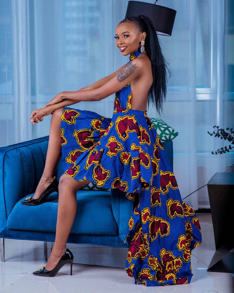 Woman wearing ankara style dress.