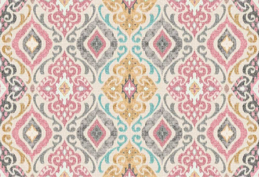 This is a close look at a colorful patterned Damask fabric.