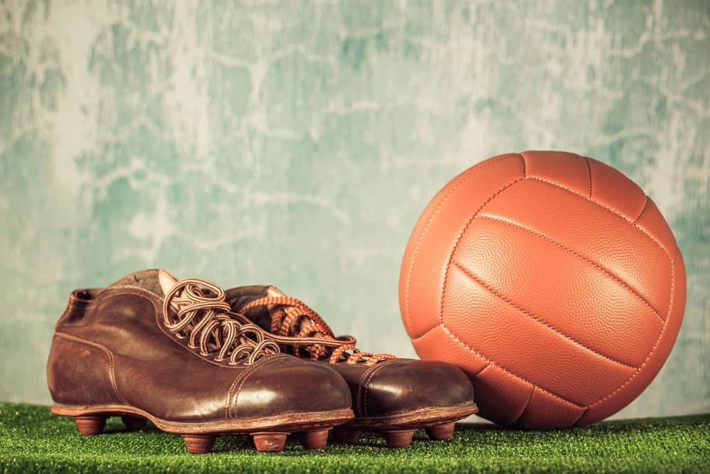 This is a close look at a vintage pair of brown leather Pigskin shoes.
