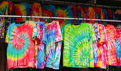 A display of tie dye shirts