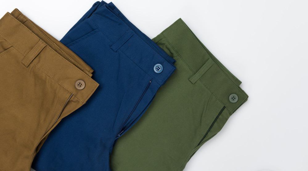 This is a close look at various chino pants.