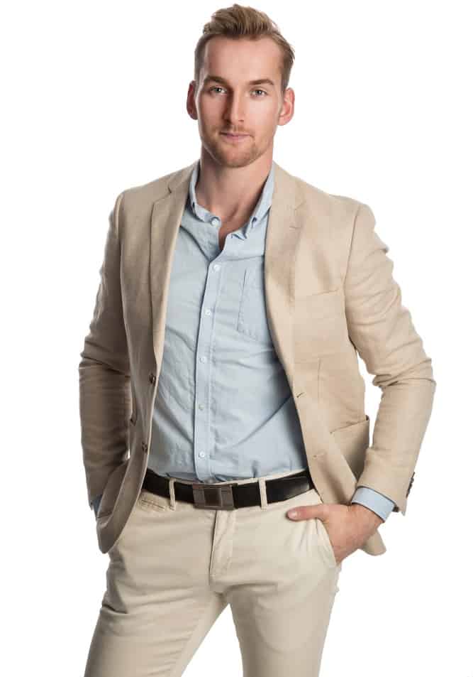 This is a man wearing a pair of khaki jeans and matching jacket.