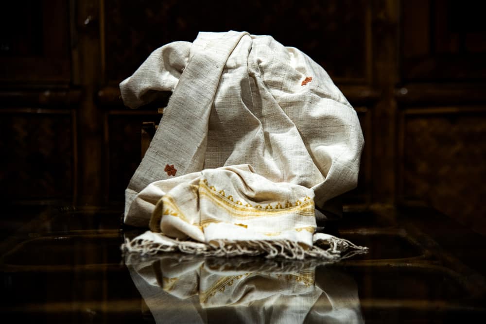 This is a close look a piece of Eri silk stole.