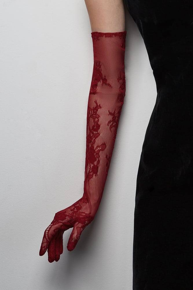 This is a close look at a woman wearing a black dress with lace gloves.