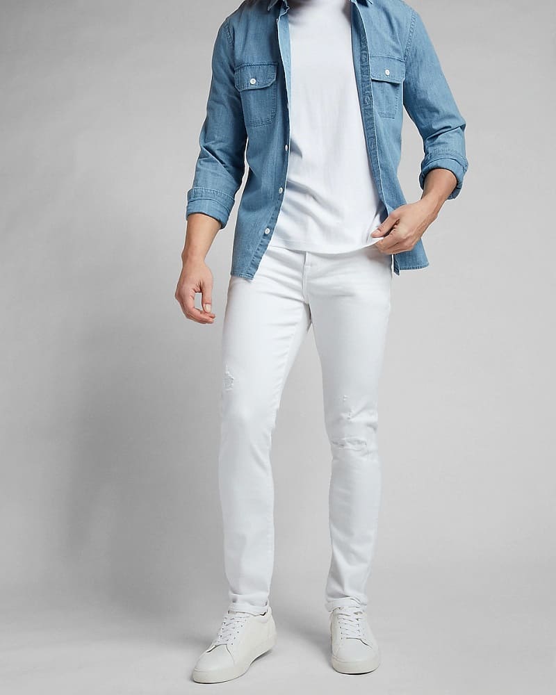 This is the Skinny White Destroyed Temp Control Hyper Stretch Jeans from Express.