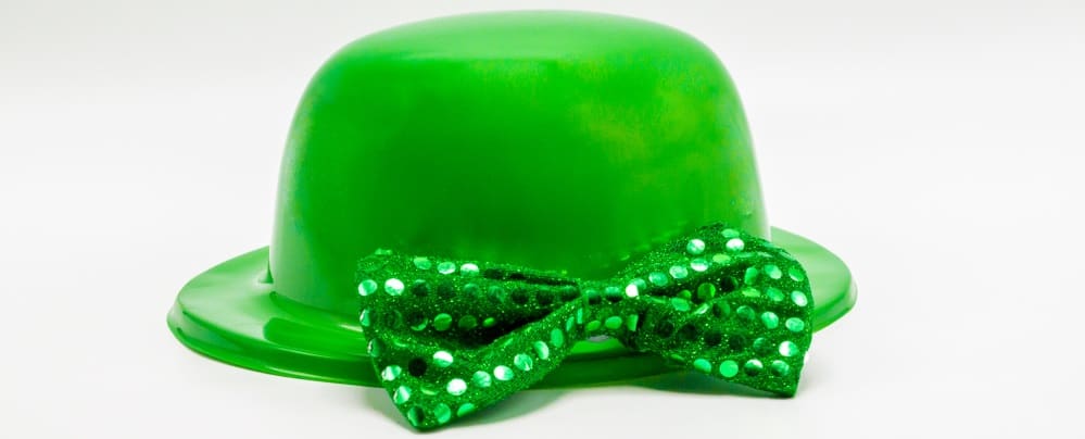 This is a bright green St. Patrick's Day hat with matching bow tie.
