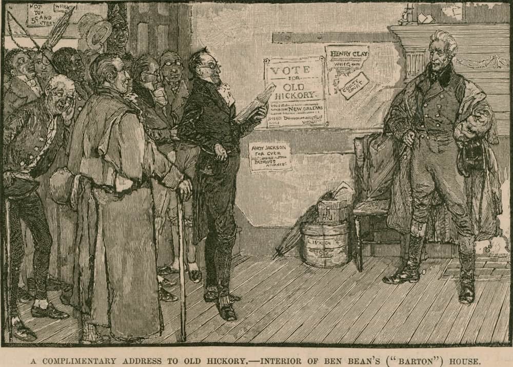 Andrew Jackson receives a complimentary address from supporters at Ben Beans 'Barton' House an inn on the National Road Cumberland Highway.