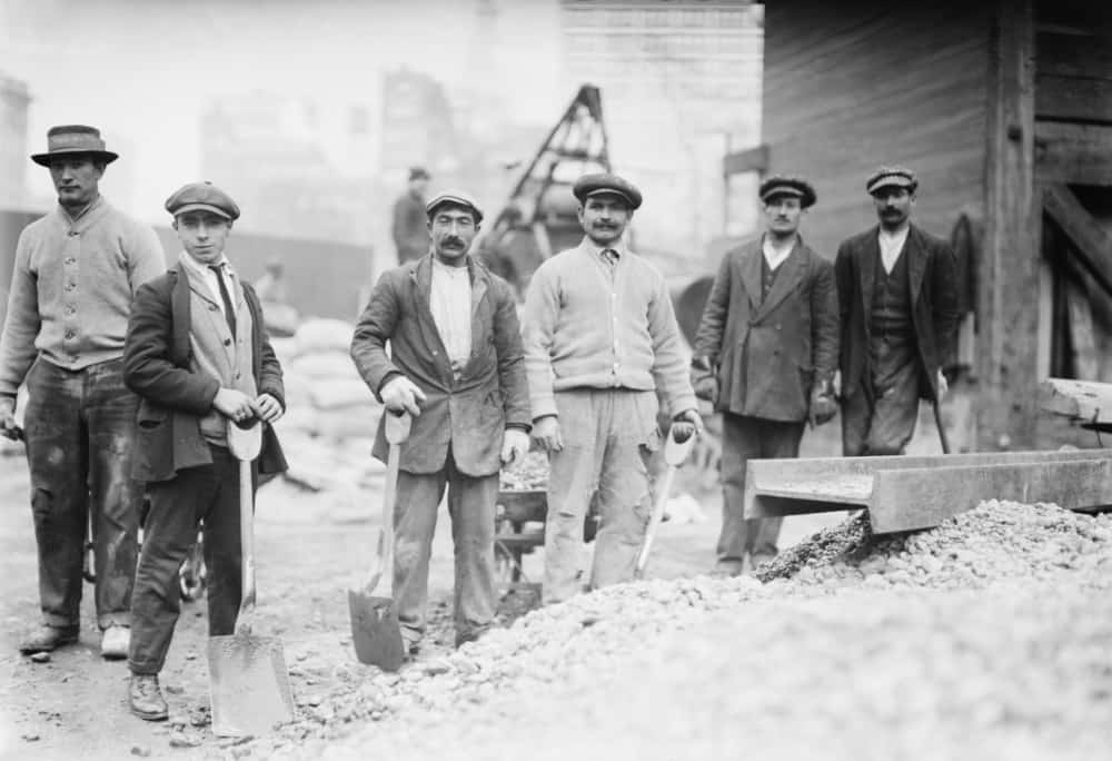 Alien Subway workers with shovels dressed in their street clothing, as they begin work constructing the New York City Subway.