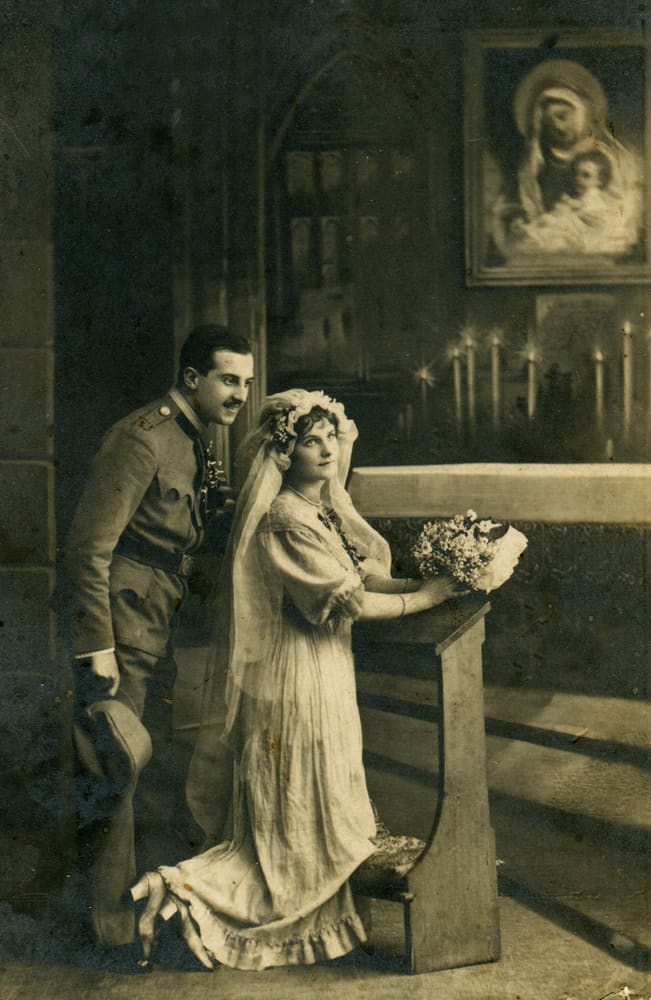 Vintage photo of a young couple getting married in the Orthodox Church.