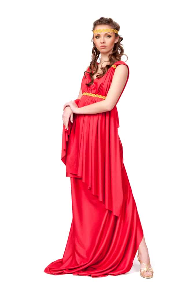 Ancient goddess wearing a traditional red gown.