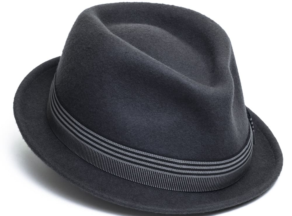This is a dark gray fedora hat with a striped band.